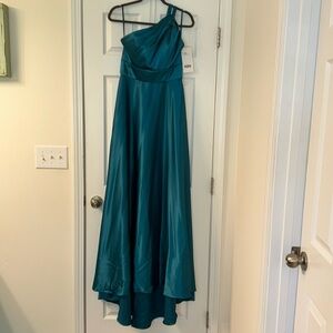 Christina Wu bright teal long dress with short train